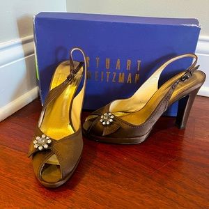 Stuart Weitzman brown silk slingback heels